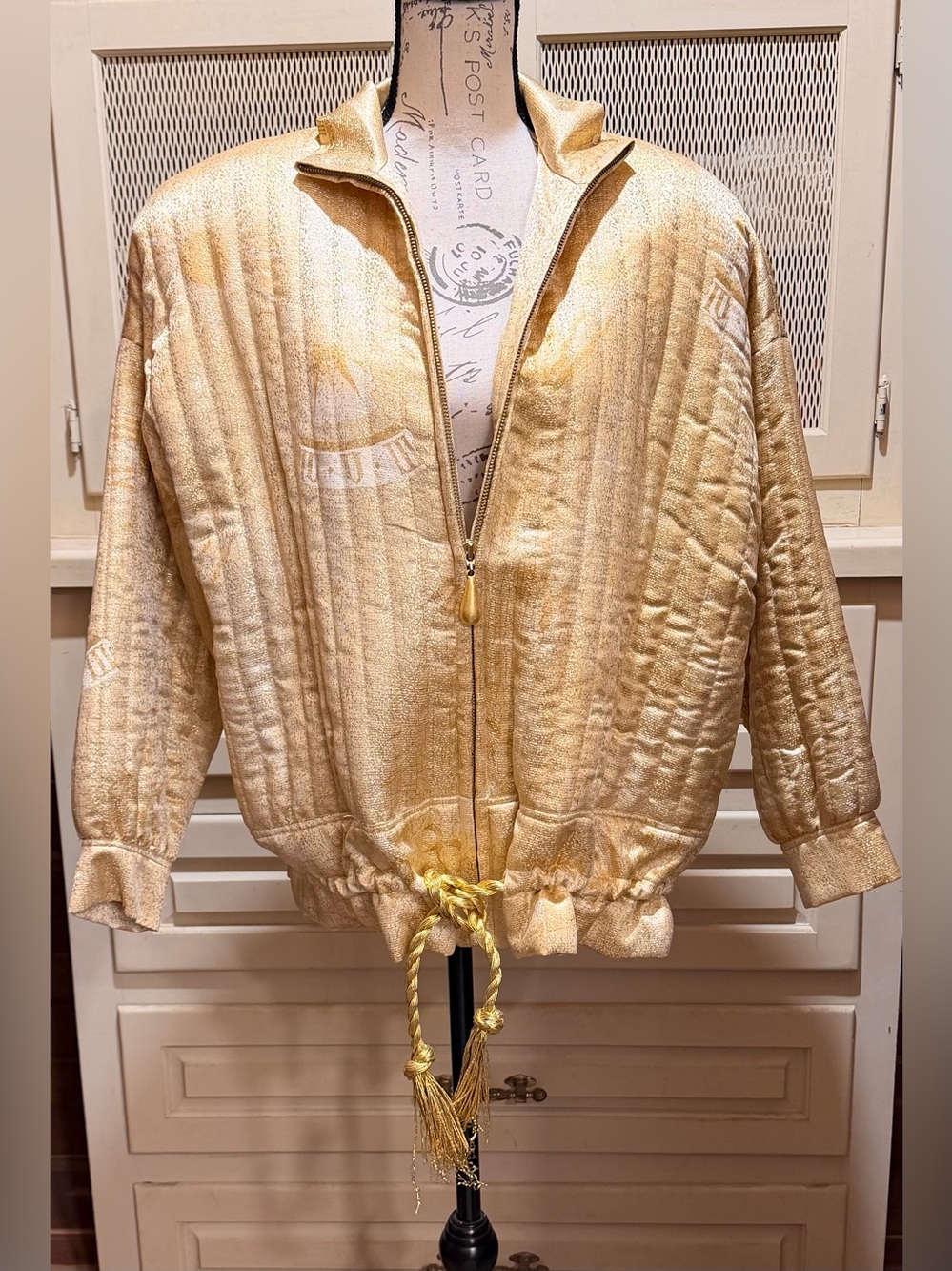 VTG Linda Allard Ellen Tracy 100% Silk Quilted Bomber Jacket Gold